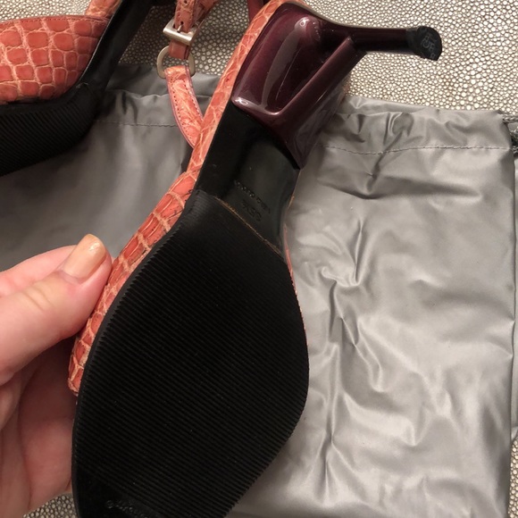 PRADA 35.5 GENUINE ALLIGATOR CROC Pink Sandals 3” heel, bottom new, dust bag - Picture 7 of 12